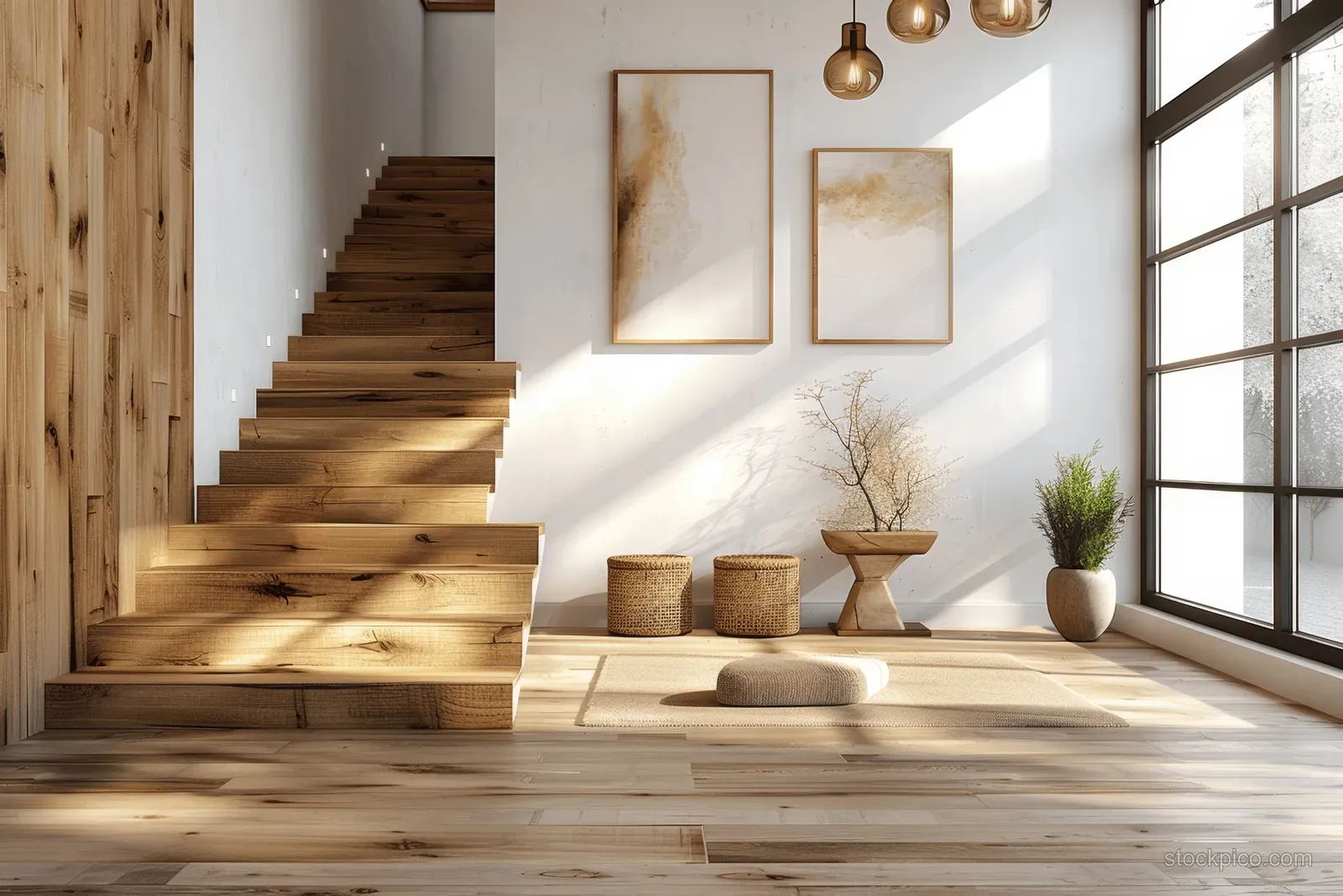 Scandinavian wooden staircase in a white entryway illuminated by sunlight through tall windows with framed artwork and minimal decor.