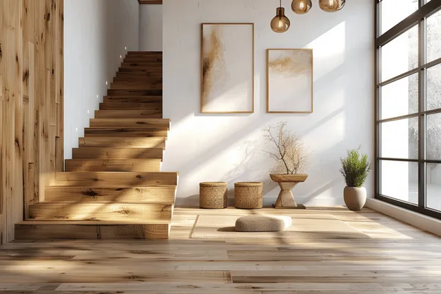 Scandinavian wooden staircase in a white entryway illuminated by sunlight through tall windows with framed artwork and minimal decor.