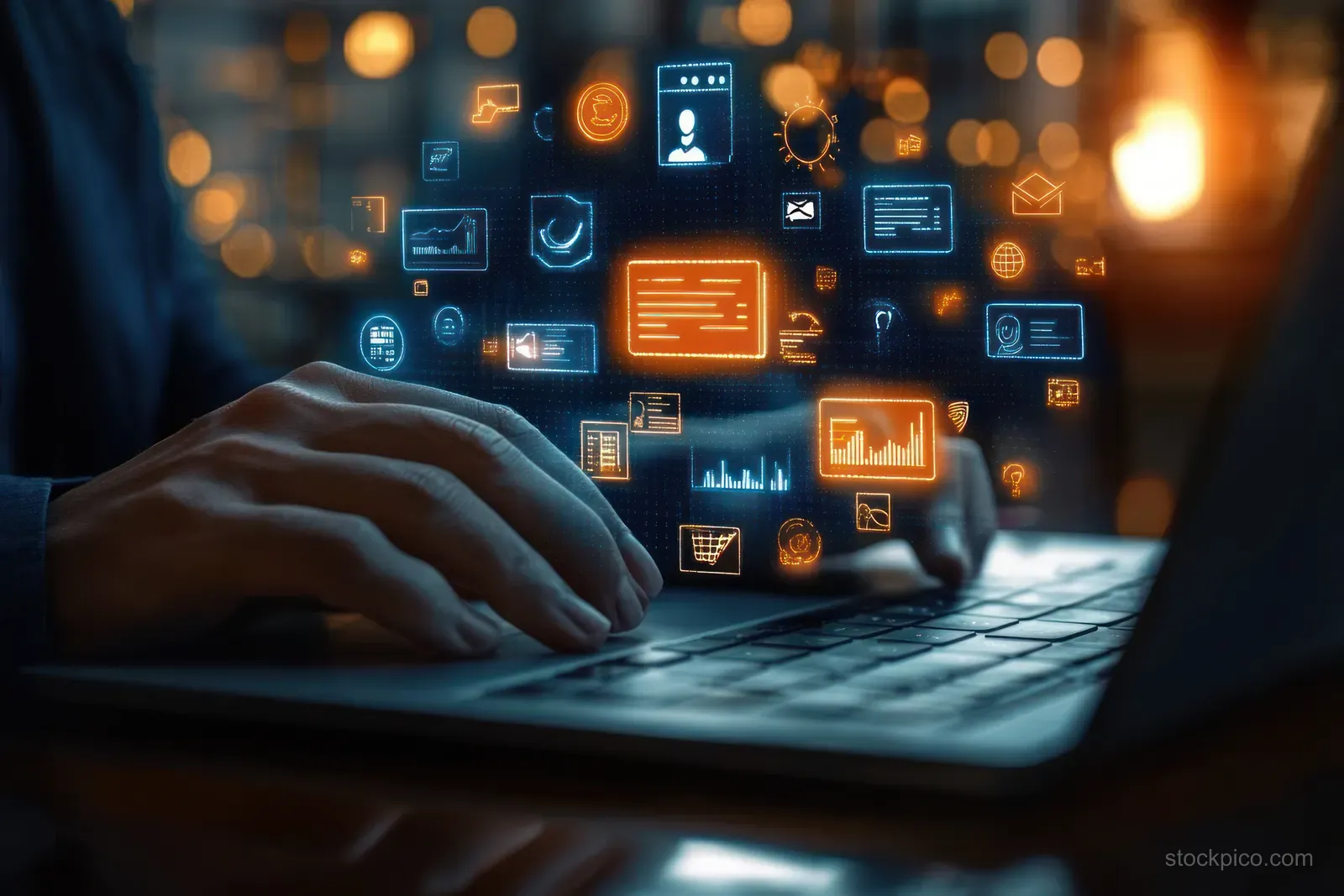 Close-up of hands typing on a laptop while glowing data icons and chart graphics float over the screen.