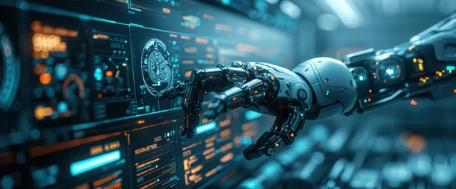 Robotic surgical arm in a futuristic hospital with glowing holographic UI and monitoring screens behind it.