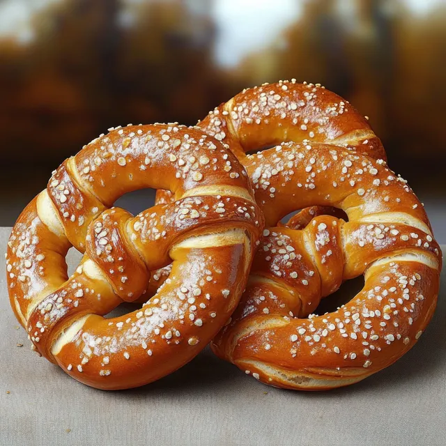 Three soft pretzels with coarse salt crystals on a neutral surface against a warm blurred background.