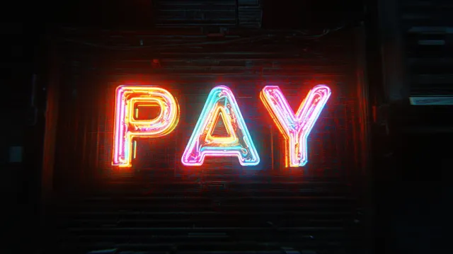 A neon sign reading PAY glows red and blue against a dark background.