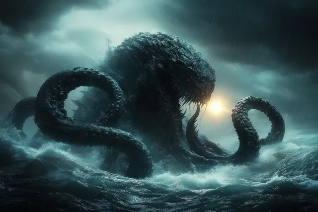 A giant dark sea monster with curling tentacles surfaces in stormy waves, its mouth emitting a bright glow.
