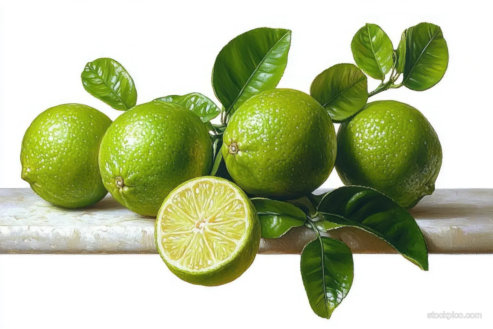 Green limes with shiny leaves sit on a light surface while one lime is cut open to show juicy segments.