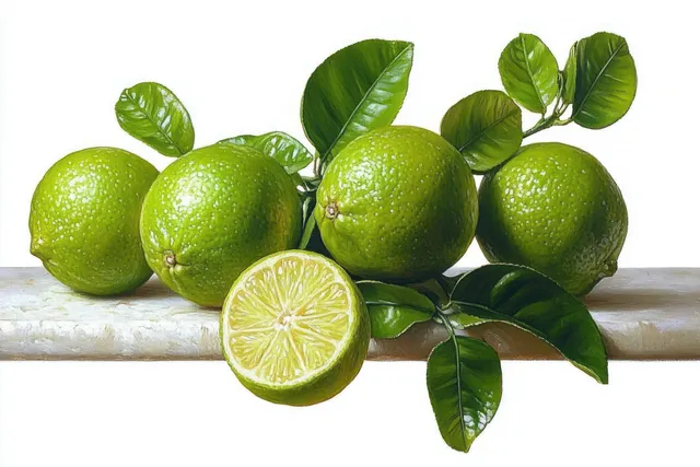 Green limes with shiny leaves sit on a light surface while one lime is cut open to show juicy segments.