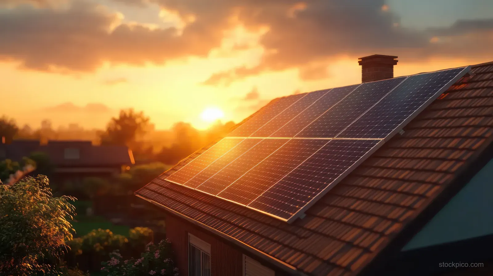 Solar panels on a rooftop at sunset with golden light reflecting on the photovoltaic cells.