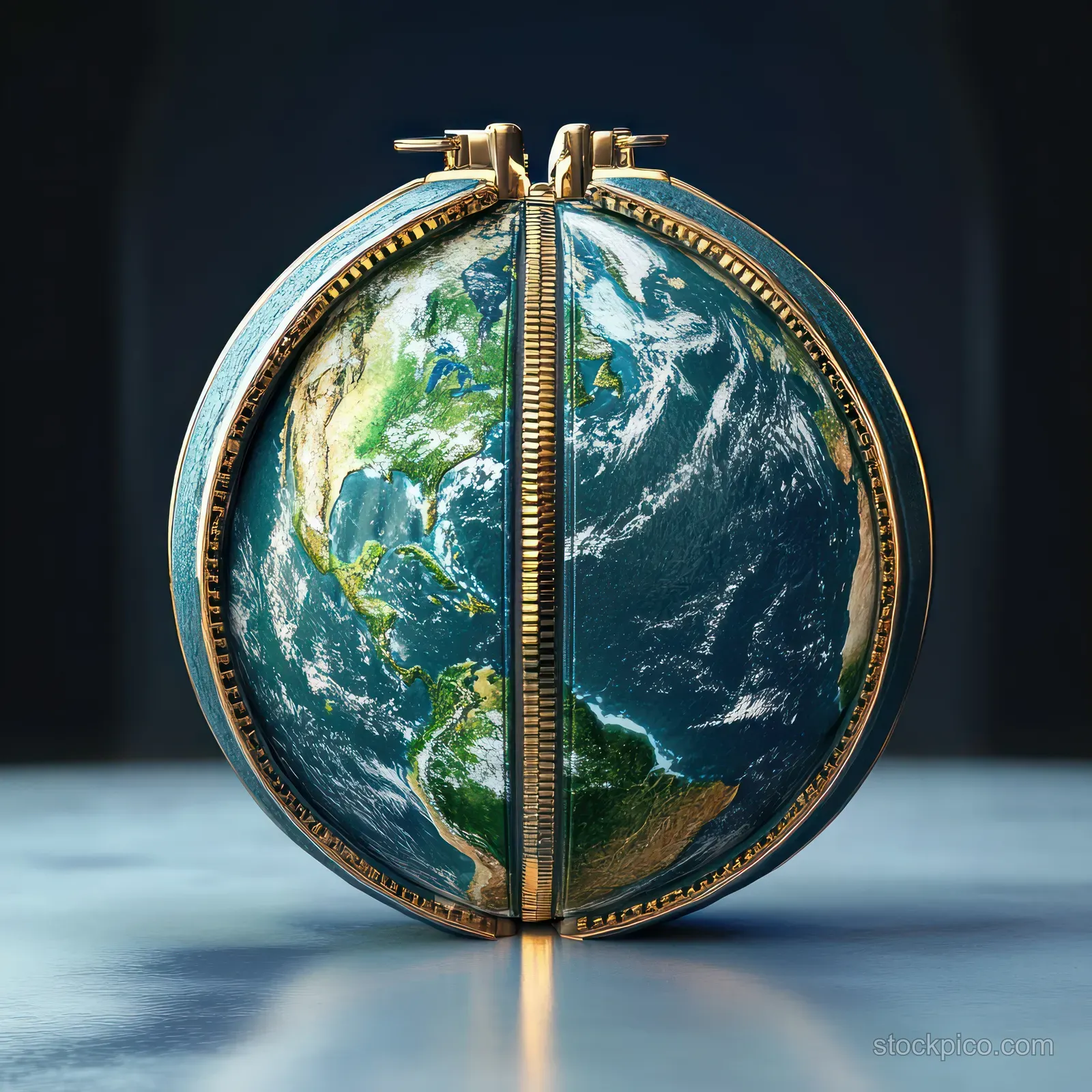 A globe shaped like a zipper stands on a dark surface with a studio background.