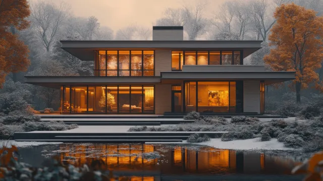 Happy couple embracing in front of a glowing modern luxury villa reflected in a courtyard pool at dusk.