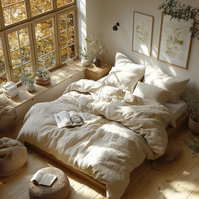 Sunlit Scandinavian bedroom with wooden bed, linen bedding, and framed art near window