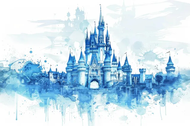 Watercolor blue fairy-tale castle with towers and arched gate, with soft splashes on a white background.