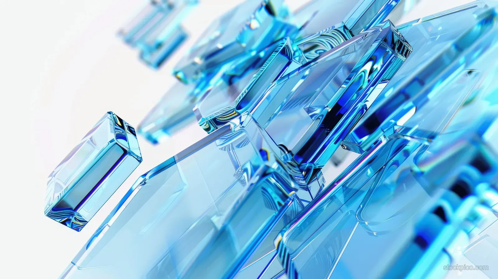 Blue glass arrow shapes reflect light in an abstract 3D futuristic design against a white background.