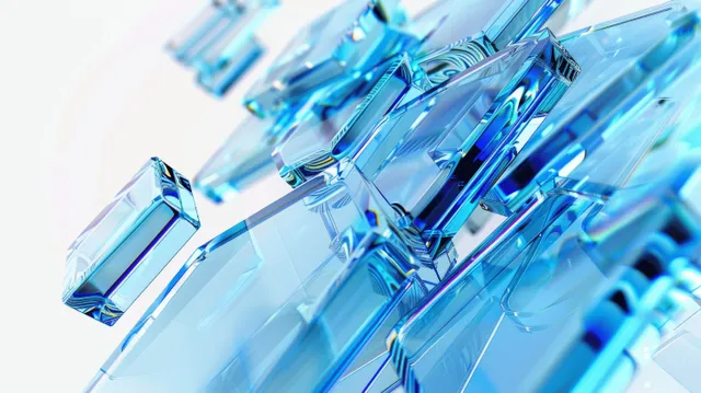 Blue glass arrow shapes reflect light in an abstract 3D futuristic design against a white background.
