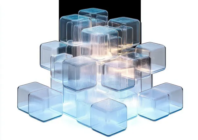 Transparent glass cubes stacked into a futuristic abstract 3D background with soft iridescent lighting.