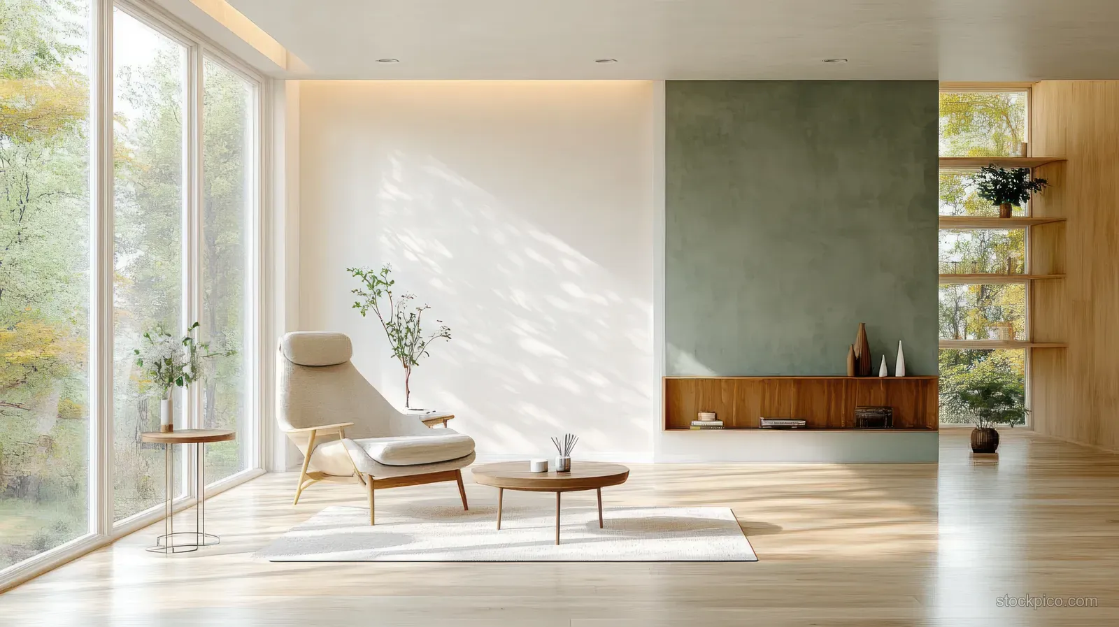 Minimalist living room with white wall-mounted TV, armchair, pastel accents, potted plant, and large windows.