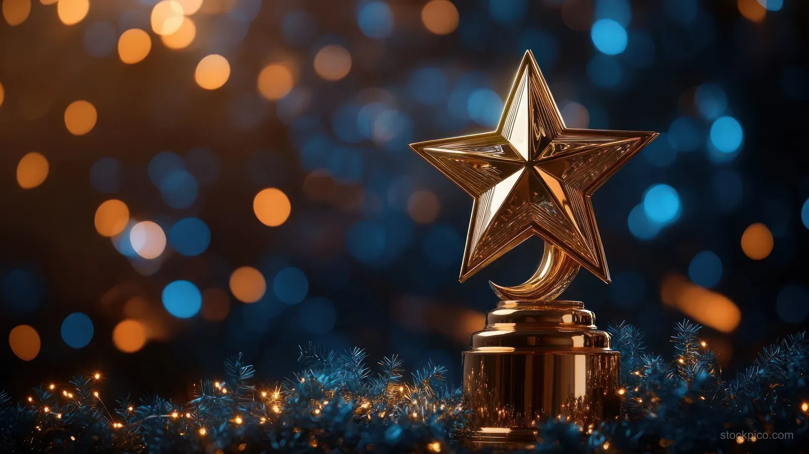 Golden star trophy on a pedestal surrounded by sparkling bokeh lights on a dark blue celebration background.
