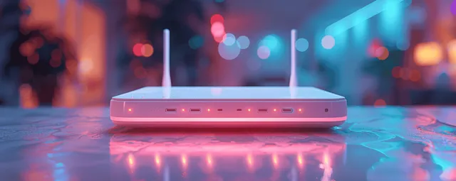 A futuristic high-speed Wi-Fi router with LED glow and signal waves set against a cinematic bokeh background.