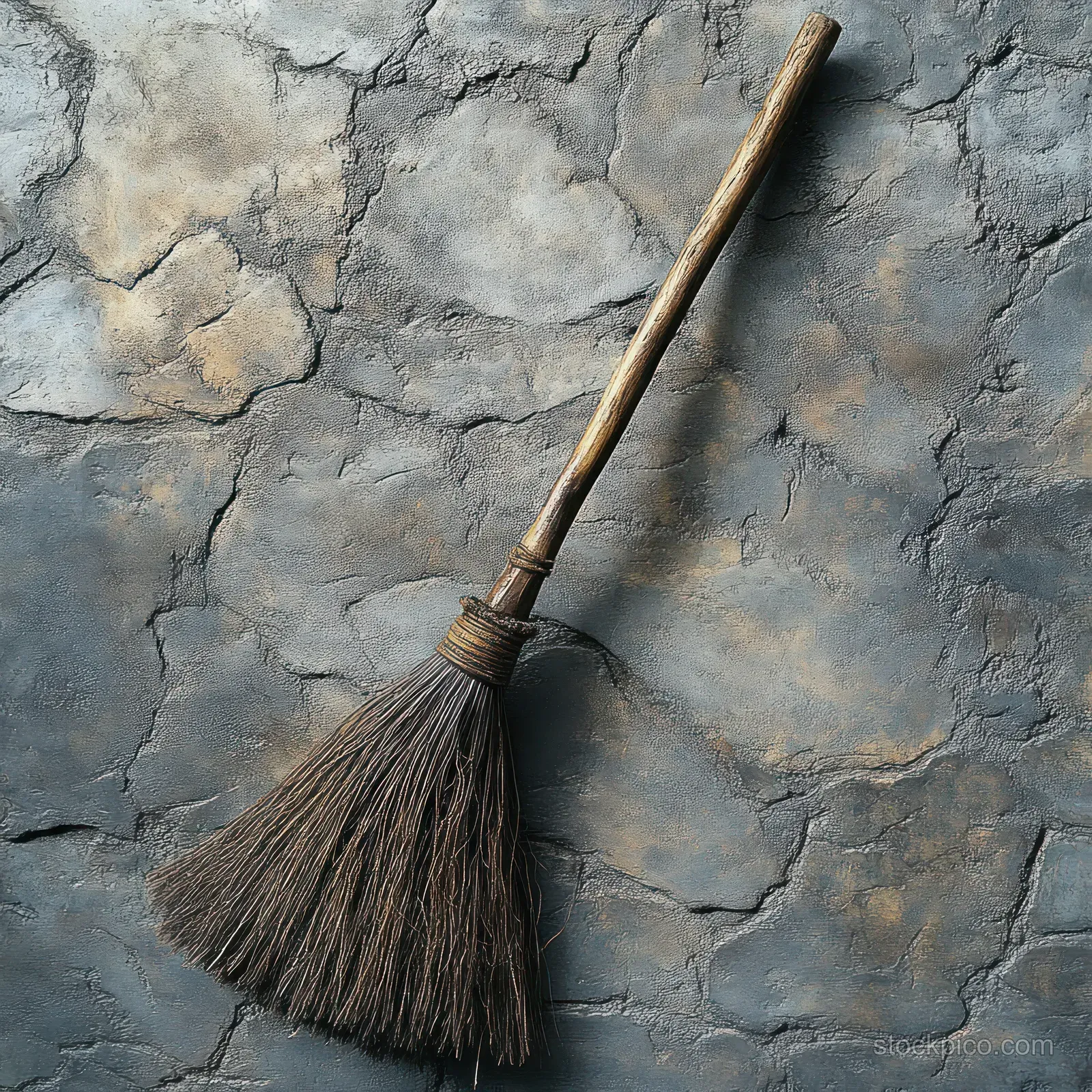 Old broom with wooden handle and natural bristles resting on cracked concrete.