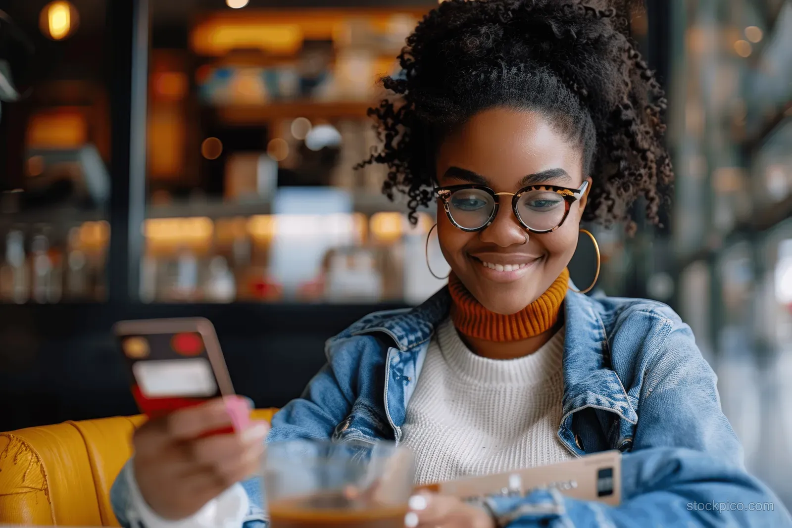 Smiling young Black woman in a coffee shop holds a smartphone and credit card while paying for online shopping.