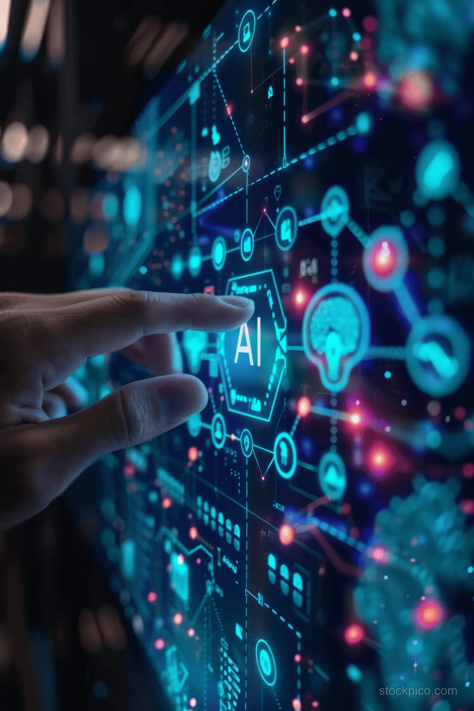 A hand touches a glowing holographic AI interface with connected data icons on a blue network background.