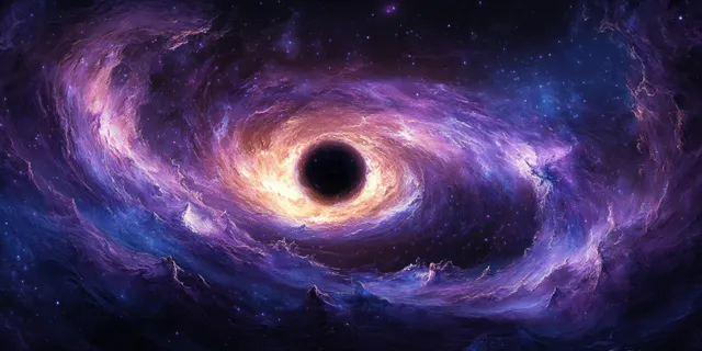 A central black hole pulls in purple and blue nebula dust while glowing stars scatter across deep space.