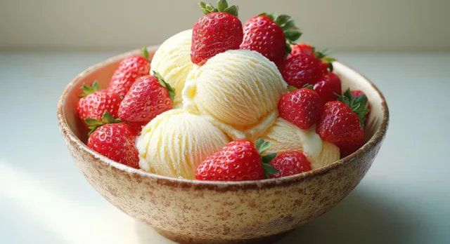 Rustic bowl with vanilla ice cream topped by ripe strawberries in soft natural daylight.