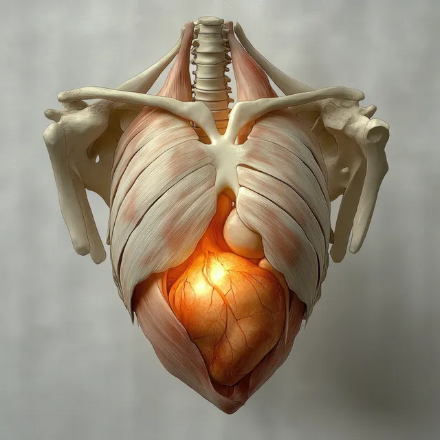 Anatomical ribcage and heart muscle model with warm glowing veins against a gray background.