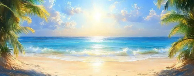 Tropical beach with golden sand, vibrant blue water, and palm leaves under a sunny sky, creating a serene island atmosphere.