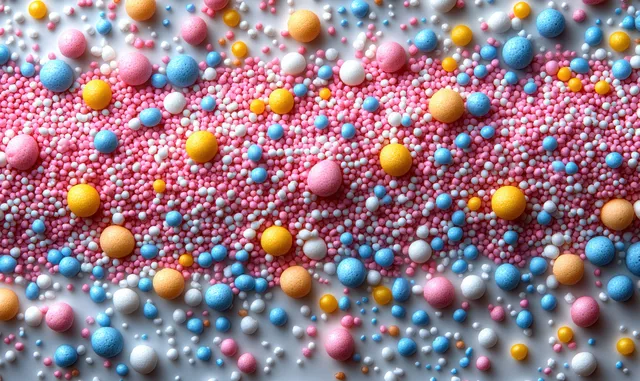 Colorful candy sprinkles scattered across a white surface in a top-down view.