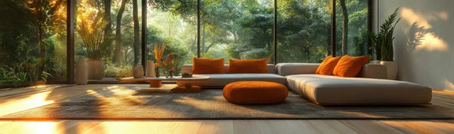 Sunlit minimalist living room with a low sofa, orange cushions, and large windows showing trees outside.