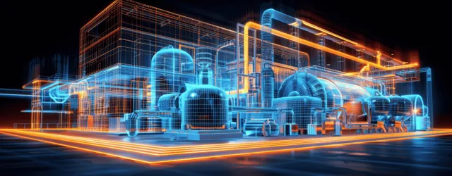 Neon-lit piping network blueprint lines flow around flanges and vents in a dark industrial facility.