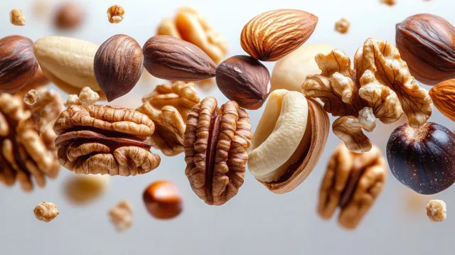 Mixed nuts including almonds, walnuts, pecans, and hazelnuts float in midair over a soft blurred background.