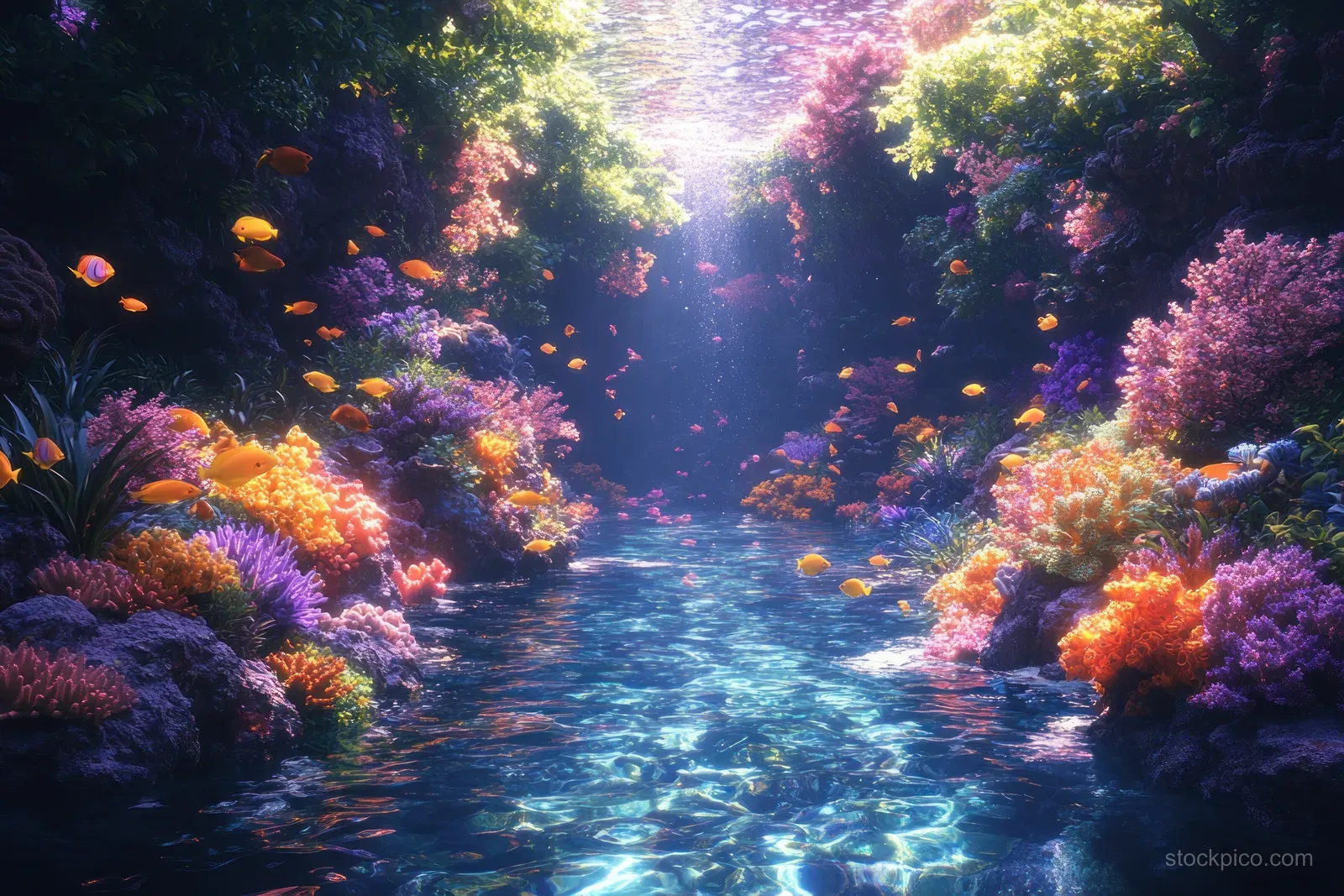 Sunlit underwater reef with colorful fish swimming past branching corals and glowing light rays.
