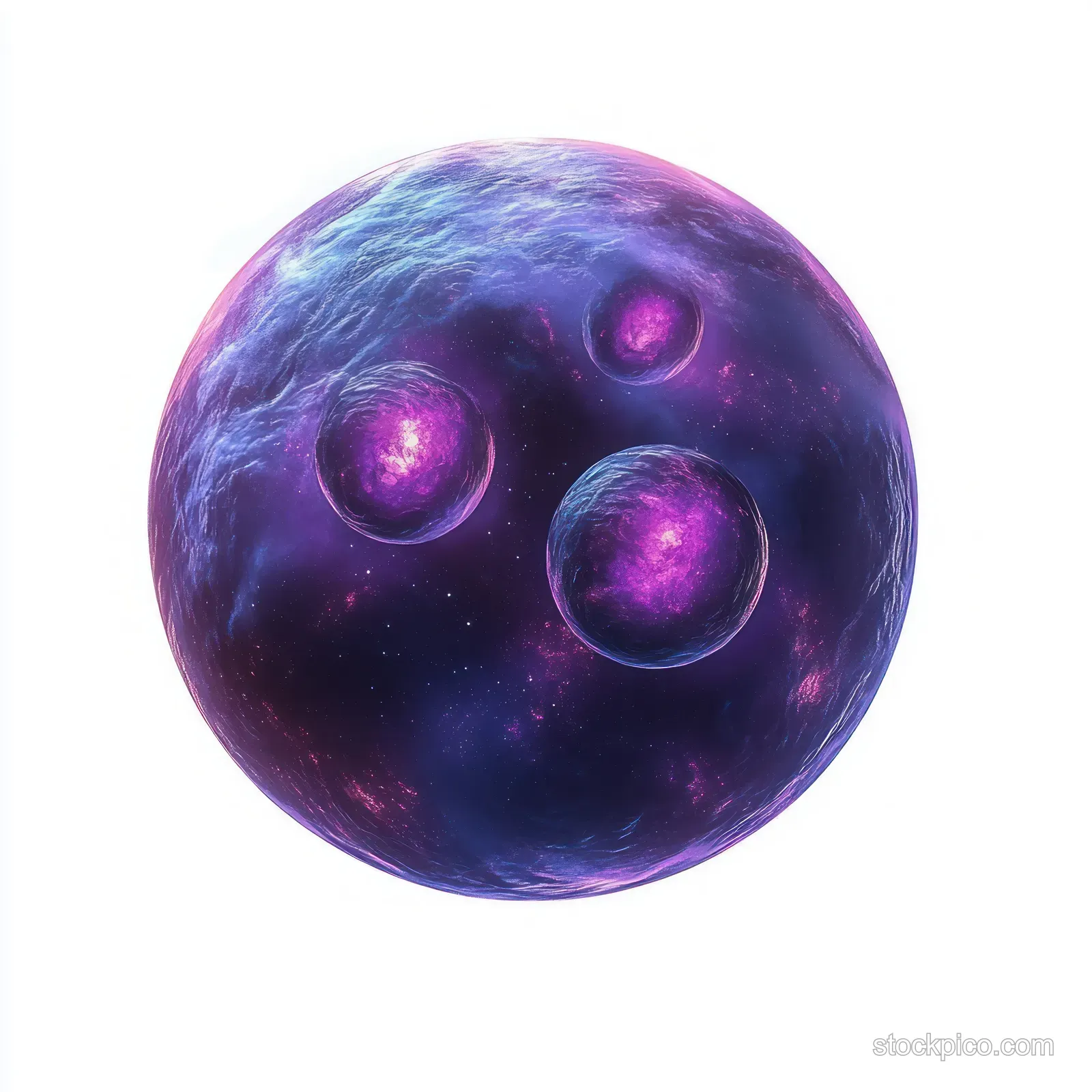 A glowing purple spherical cell with several bright internal nucleoli floating on a clean background.