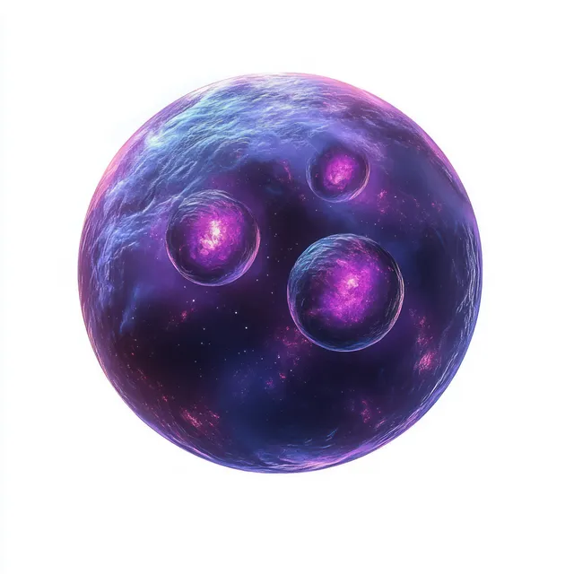 A glowing purple spherical cell with several bright internal nucleoli floating on a clean background.