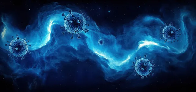 Glowing coronavirus-like particles float within swirling blue abstract fluid waves on a dark background.