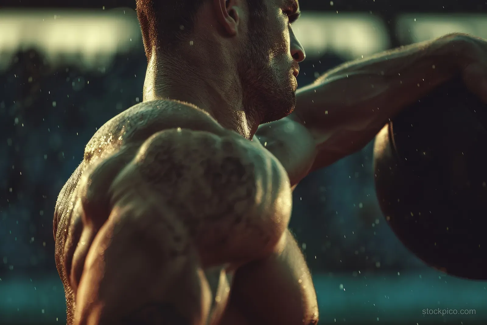 German discus thrower in mid-launch on an outdoor athletics track, discus visible as dust-like motion lights up the scene.