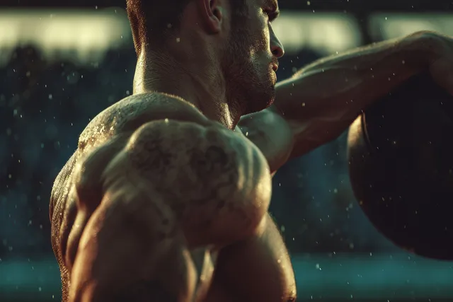 German discus thrower in mid-launch on an outdoor athletics track, discus visible as dust-like motion lights up the scene.
