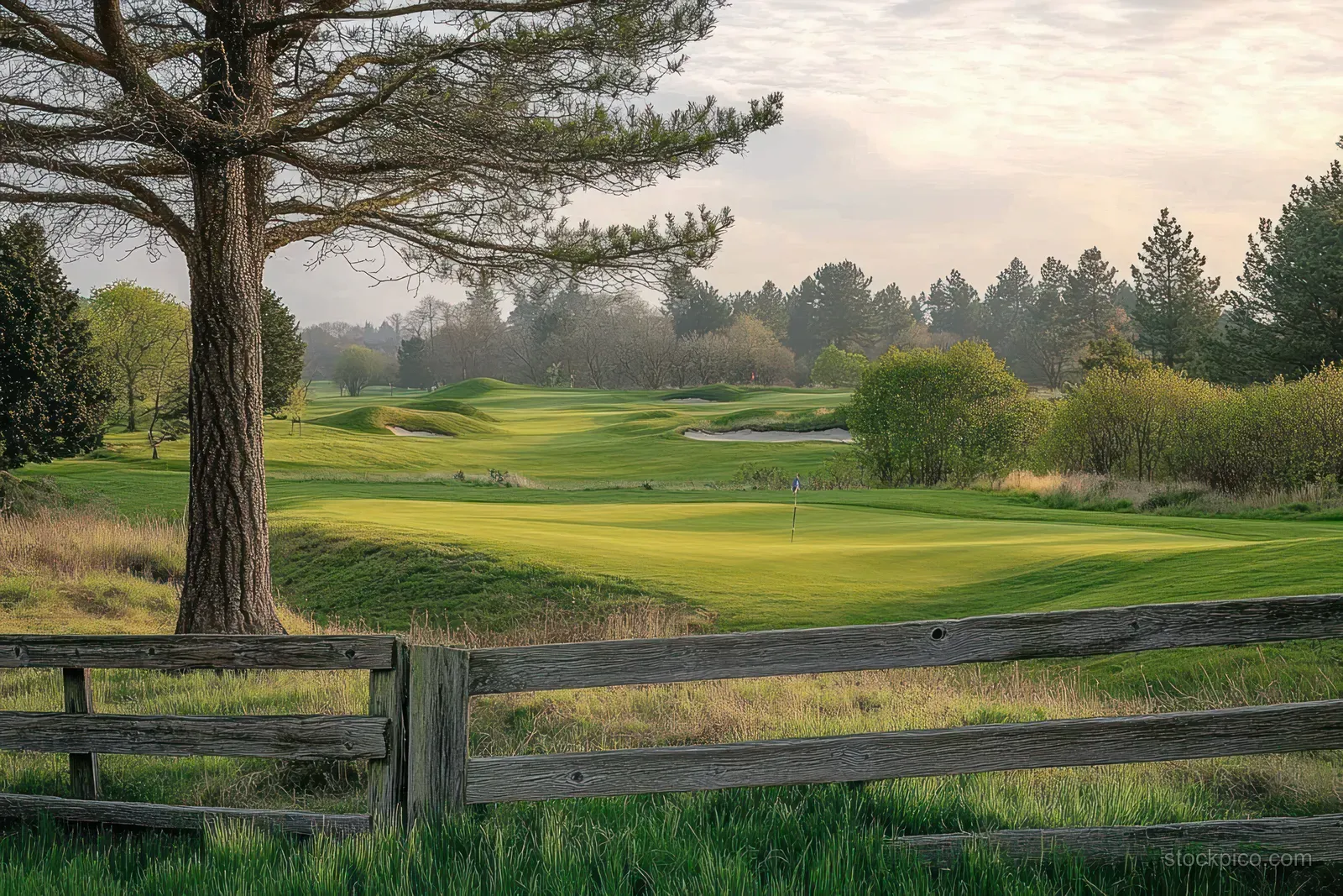 Sunlit golf green at dawn with a wooden fence, surrounding trees, and soft clouds in the sky.