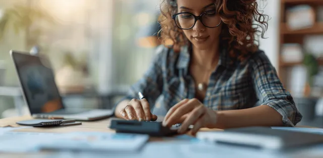 Businesswoman balances finance report on laptop beside calculator at office desk