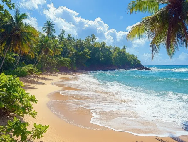Palm trees and lush jungle flank a curved sandy beach as turquoise waves roll toward shore under sunny clouds.