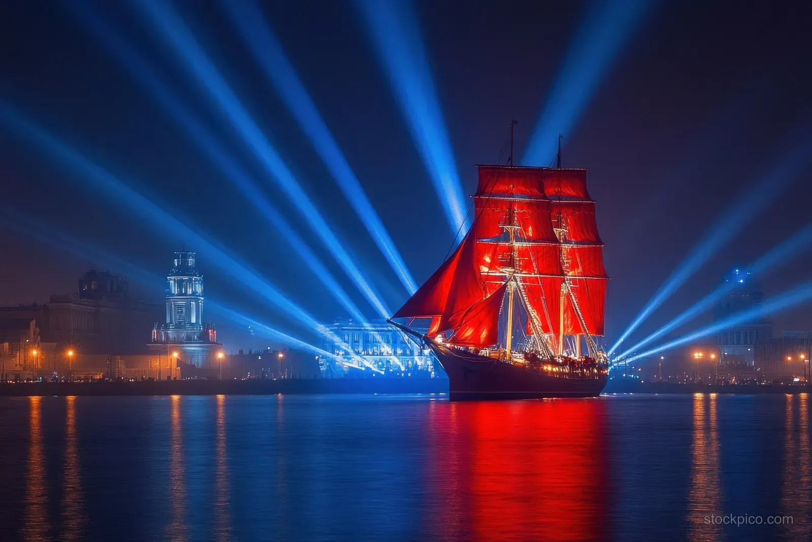 Nighttime sailing ship with red sails in calm harbor water, blue light beams, and city buildings reflected.