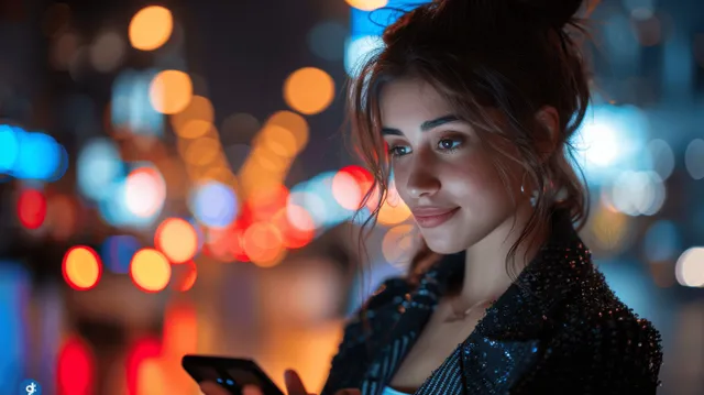 Confident businesswoman using smartphone on neon-lit city street at night