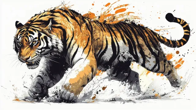 Tiger prowling mid-stride with an intense gaze, surrounded by orange and black paint splashes.