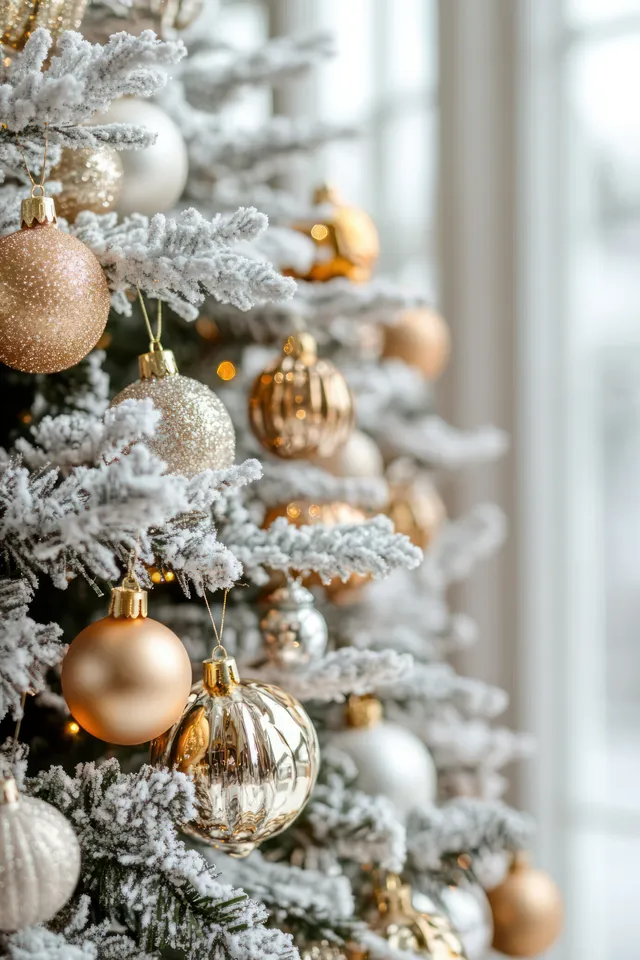 Snow-dusted Christmas tree branches with gold and silver baubles and warm lights beside a bright window.