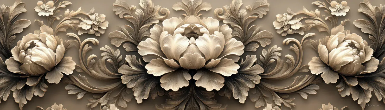 Warm beige seamless floral ornament border with symmetrical peony blooms and embossed scrolling vines.