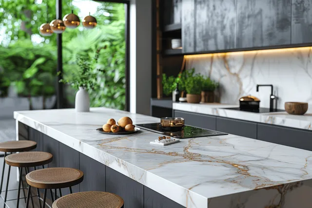 White marble kitchen countertop with daylight, plants, and dark cabinetry in modern home interior