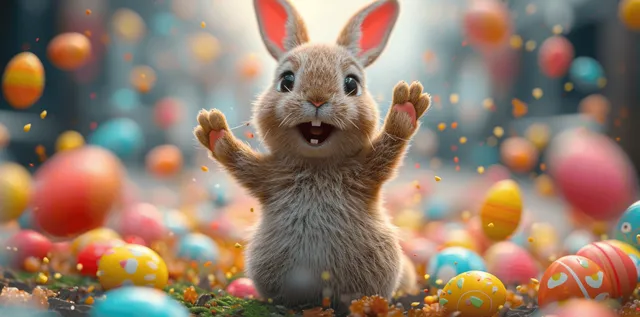 Easter bunny celebrating with colorful painted eggs in a springtime blur background