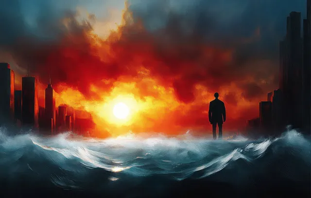 A lone silhouette stands in turbulent ocean waves with a fiery sunset behind dark skyscrapers.