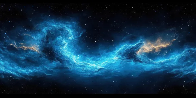 Swirling blue nebula and golden starfield across deep space panorama, equirectangular view