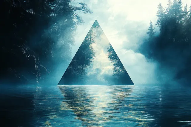 Transparent triangular object glows above rippling underwater surface with misty blue light and reflections.